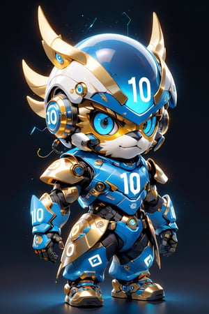 Create a digital mascot with specs a blue and white eye mascot with neon wiring and translucent eye visor chip and circuitry, put a  helmet visor with gold and metallic translucent glass in the forehead, in the style of futuristic mascot, some translucent electrical wiring and gold metal bolt to form a majestic component formation on this mascot body, (((put number 10 on body))), ***LENKAIZM***