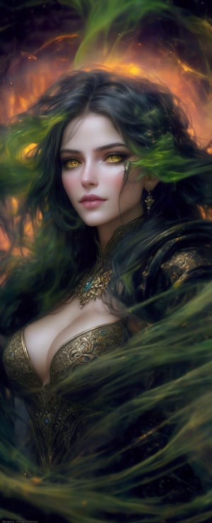 ((masterpiece)), (8k, photorealistic, RAW photo, best quality:0.8), Lenkaizm style, A captivating portrait of 'A Lady Poison' emerges as the camera captures her ethereal essence against a warm, golden hour backdrop. Soft, luminescent green smoke wisps delicately around her figure, while her piercing yellow eyes gleam with sharp intensity. The subject's enchanting allure is heightened by the cinematic atmosphere and photorealistic 8K resolution, showcasing every detail from the subtle curves of her features to the intricate textures of her attire. The image exudes an otherworldly quality, as if frozen in the midst of a mystical ritual.