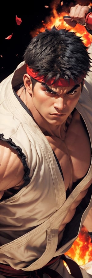 (high quality, masterpiece:1.3, 16k hdr image) Extremely detail picture of Ryu from Street Fighter game, short black hair, bold eye brow, strong jaw, heroic eyes, Veined mucle, flying burning flowers petals, fire sparks, extremely detailed black eyes, emitting red ki chakra aura around the body, shining skin, hyper-defined, fighting ready pose, luminous hues of golden siluet background, scenery, outdoor, building, More Detail,sfr1v