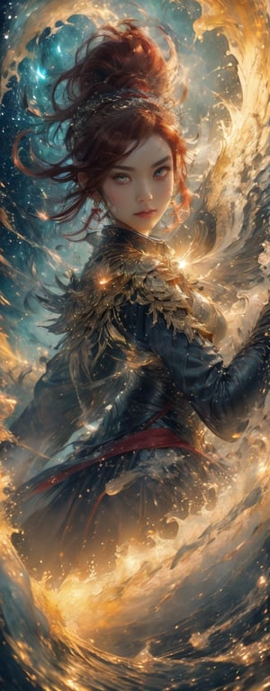 1girl, fiercely lunges towards her enemy, star in eye, blush, perfect illumination, caramel hair styled as short hair, bright red hair, wearing  headband around the head, star jewel earing, red eyes,  dressed in outfit with outer golden chest armor, beautiful wings, spraying water droplets in all directions, Gorgeous, ethereal aura, ray tracing, sidelighting, detailed face, bangs, bright skin, dreamlike atmosphere, starry nebula background, Sharp glossy focus, equirectangular 360, Highres 8k, extreme detailed, aesthetic, masterpiece, best quality, rich texture, kinetic move effect, colorful,Movie Still,solo,r1ge,haifeisi,xxmixgirl