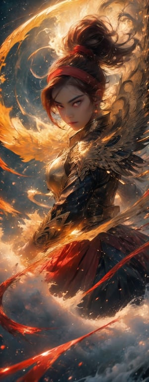 1girl, fiercely lunges towards her enemy, star in eye, blush, perfect illumination, caramel hair styled as short hair, bright red hair, wearing  headband around the head, star jewel earing, red eyes,  dressed in outfit with outer golden chest armor, beautiful wings, spraying water droplets in all directions, Gorgeous, ethereal aura, ray tracing, sidelighting, detailed face, bangs, bright skin, dreamlike atmosphere, starry nebula background, Sharp glossy focus, equirectangular 360, Highres 8k, extreme detailed, aesthetic, masterpiece, best quality, rich texture, kinetic move effect, colorful,Movie Still,solo,r1ge,haifeisi,xxmixgirl