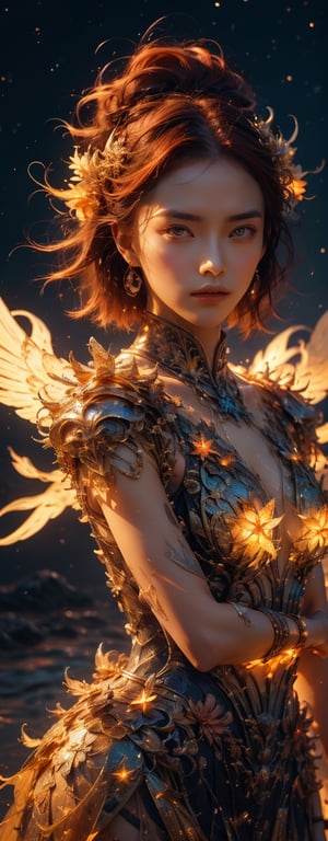 1girl, fiercely lunges towards her enemy, star in eye, blush, perfect illumination, caramel hair styled as short hair, bright red hair, wearing golden headband around the head, star jewel earing, red eyes,  dressed in outfit with outer golden chest armor, beautiful wings, spraying water droplets in all directions, Gorgeous, ethereal aura, ray tracing, sidelighting, detailed face, bangs, bright skin, dreamlike atmosphere, starry nebula background, Sharp glossy focus, equirectangular 360, Highres 8k, extreme detailed, aesthetic, masterpiece, best quality, rich texture, kinetic move effect, colorful,Movie Still,solo,r1ge,