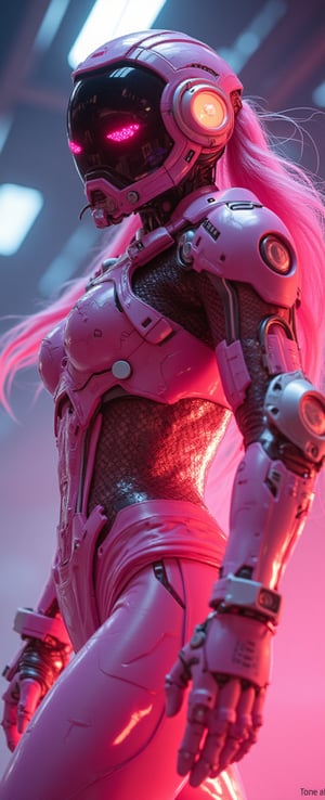 (best quality, masterpiece, ultra-detailed, 32k:1.2), Lenkaizm style, high-resolution image that captures the essence of a dynamic character in a futuristic setting, wearing metal suit, wear futuristic helmet, The character is poised energetically, with flowing garments suggesting motion. Incorporate a vivid color scheme with pink, and reflective gold metal, reminiscent of nightcore aesthetics. Use dramatic backlighting to emulate a neon glow, contrasting with the darker hues of a cosmic backdrop , she is bright , The image should mimic the depth of field and clarity with sharp focus on the character and a blurred background. Add realistic textures to the character's clothing and hair, and include a visible light source in their suit's rivet, producing a gleaming, otherworldly effect. Ensure the overall composition resembles a candid snapshot, capturing a spontaneous moment of action in a surreal, sci-fi universe, Her eyes are pink, her entire body, she is making a gesture of reaching out for something above, a leaping pose, mecha hand