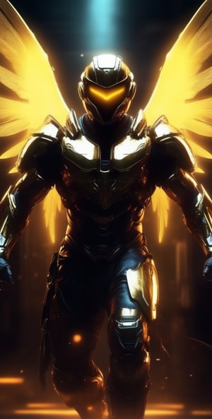 Generate a image of a dystopian cyberpunk Archangel, muscular body, golden radiant clothes, big wings powered by jet booster, holy halo helmet made from transparent glass, veined muscles, on one movement jump and attacks with a sword, towards the camera, generate five shadow traces of movement that come out of the man's body and attack towards the camera, The man's and his shadow are absolutely same and visible, Garden background. light from the front, motion and speed effect, dramatic, cinematic, magical aura, mysterious mist, neon glow concept art, sharp, high detail,Detailedface,more detail XL,nhdsrmr, full body shoot,chhdsrmr