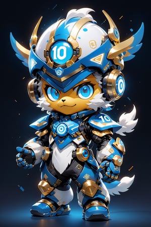 Create a digital mascot with specs a blue and white eye mascot with neon wiring and translucent eye visor chip and circuitry, put a  helmet visor with gold and metallic translucent glass in the forehead, in the style of futuristic mascot, some translucent electrical wiring and gold metal bolt to form a majestic component formation on this mascot body, (((put number 10 on body))), This mascot shall be a luck totem and bless the owner with endless creativity in order to create a better digital world for Artificial intelligence Artist in the world! ***LENKAIZM***