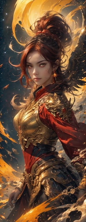 1girl, fiercely lunges towards her enemy, star in eye, blush, perfect illumination, caramel hair styled as short hair, bright red hair, wearing  headband around the head, shiny warband, magical surrealism, star jewel earing, red eyes,  dressed in outfit with outer golden chest armor, beautiful wings, spraying transparent water droplets in all directions, Gorgeous, ethereal aura, ray tracing, sidelighting, detailed face, bangs, bright skin, dreamlike atmosphere, starry nebula background, Sharp glossy focus, equirectangular 360, Highres 8k, extreme detailed, aesthetic, masterpiece, best quality, rich texture, kinetic move effect, colorful,Movie Still,solo,r1ge,haifeisi,xxmixgirl