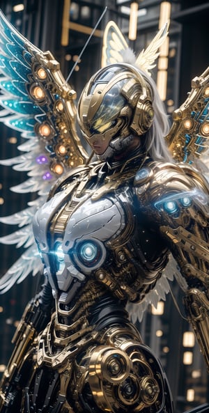 Generate a image of a dystopian cyberpunk Archangel, godlike appearance, muscular body, stars radiant clothes, big wings powered by jet booster, holy halo helmet made from transparent glass, veined muscles, starry nebula background, planets, dramatic, cinematic, magical aura, mysterious mist, neon glow concept art, sharp focus, high detail, Detailed face, full body shoot, from below angle, wide camera, picrealism,wrenchsmechs,mechanical