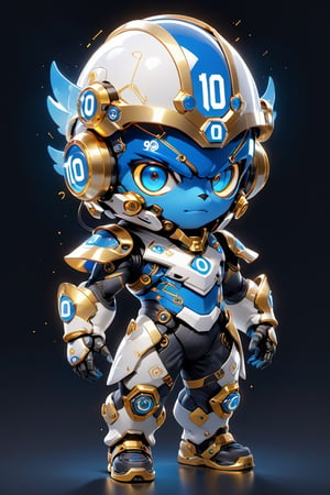 Create a digital mascot with specs a blue and white eye mascot with neon wiring and translucent eye visor chip and circuitry, put a  helmet visor with gold and metallic translucent glass in the forehead, in the style of futuristic mascot, some translucent electrical wiring and gold metal bolt to form a majestic component formationin this mascot body, (((put number 10 on body))) 