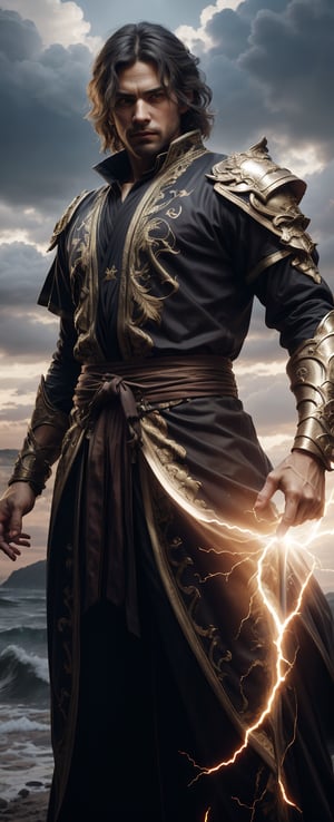 (best quality, 8k, highres,masterpiece:1.2),ultra-detailed,(realistic,photorealistic,photo-realistic:1.4),HDR,UHD,A majestic, golden-robed warrior plunges from a tumultuous gray sky, bisected by a radiant beam of light that frames his chiseled features. Vibrant violet auras swirl around his sturdy physique as he descends, his stern expression exuding heroism and divine power. Golden robes billow behind him, accentuating his imposing stature amidst the cloudy backdrop.,bzwaves