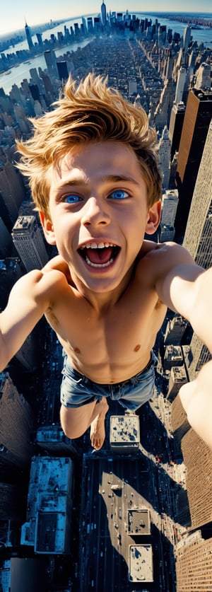 Take a picture of a young boy flying high over the Manhattan city, dynamic pose, barefoot, look at viewer, very detailed face, detailed deep blue eyes, detailed teeth, blue sky, fisheye, Hyper-detailled, 32k, Super High definition, Vibrant Colors, Soft focus, Ultra Smooth,Soft natural look, Full shot, art by Lenkaizm, photorealistic, realism, movie still, film still, cinematic shot, dreamwave, aesthetic,photo r3al