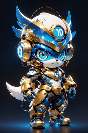 Create a digital mascot with specs a blue and white eye mascot with neon wiring and translucent eye visor chip and circuitry, put a  helmet visor with gold and metallic translucent glass in the forehead, in the style of futuristic mascot, some translucent electrical wiring and gold metal bolt to form a majestic component formationin this mascot body, (((put number 10 on body))) 