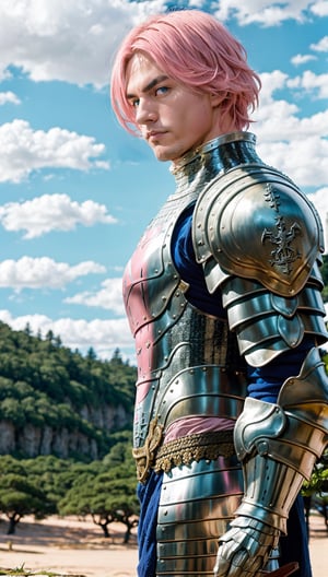 define gilthunder from nanatsu no taizai : "realistic body muscle, bare chest with armored suit, short pink hair, low angle photo, realistic, kingdom and forrest in the background,gilthunder_nanatsu_no_taizai