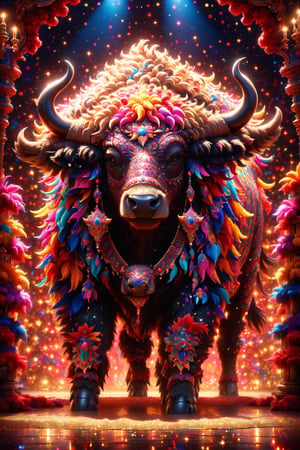 draw a cheerful cute fuzzy psychedelic matador and Buffalo in a strangely decorated stage, 4 legs, diverse and colorful, high depth of field, soft lighting, glitter, photorealistic, highly detailed, best quality, 16k, all picture in frame, centered, shiny reflection, sharp shadow, cinematic, (masterpiece:1.5) ,BJ_Sacred_beast
