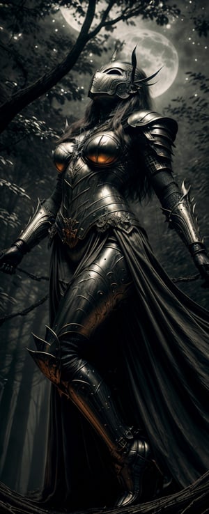 A woman warrior clad in armor and donning an eerie evil mask hovers suspended in mid-air beneath a canopy of towering trees, illuminated by the soft glow of moonlight. The camera captures this ethereal scene from a low-angle perspective, looking up at the warrior's imposing figure. Her feet are ensnared in a delicate spider web, which glows with a faint luminescence, as if infused with an otherworldly energy.,Armor