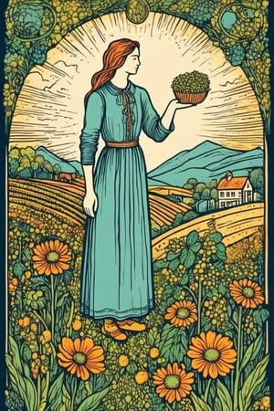 Tarot Card Style, (farmer) card, farm in background, nature, light, masterpiece, best quality, flat color, lineart, abstract, ornate, light theme, (tarot), aw0k straightsylum, tarot frame, ink art style