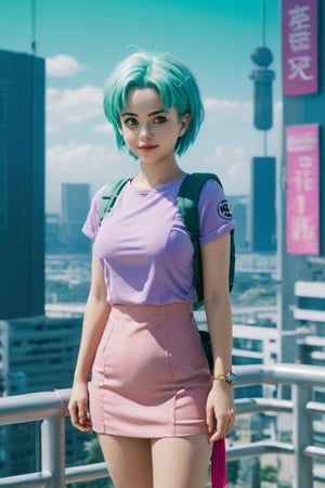 Dragon Ball background style, futuristic city background, best quality, masterpiece, ultra detailed, (full visible body:1.8), (long shot:1.5), 1girl, (Bulma:1.8), (Bulma from Dragon Ball:1.8), girl,16 years old woman, teenager, young adult woman, beautiful detailed eyes, ultra detailed hair, ultra detailed face, (light blue green hair:1.8), (blue eyes:1.5), (blue pupils:1.5), visible body, visible legs, full body visible, (ultra detailed skin:1.8), skin texture, Movie Still,xxmix_girl, (pink dress:1.8), (pink 
little skirt), (pink shirt), brown sabuk, green gray tas kecil, (bare legs,) photo r3al,xxmixgirl,Movie Still, cinematic light, 8k, hdr,LinkGirl,teengirlmix, frontal photo, frontal subject, tech round suit, fit girl, slim girl, slim face,photo r3al,FilmGirl, happy face, goose bumps, (purple scarf:1.5), (red hair ribbons), single plait hair, (freckles), (Dragon Radar in one hand:1.8), ("BULMA" text on shirt).