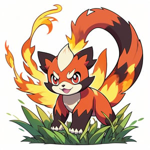 Draw a (fire-grass type) (Pokémon:1.8), red panda looklike, (Pokémon style), (Ken Sugimori artwork.1.5), white wallpaper, (white background), animification, anime style, simple design.