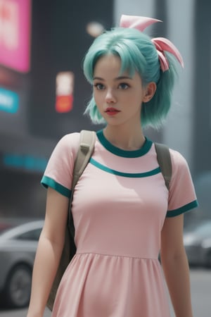 futuristic city background, best quality, masterpiece, ultra detailed, 8k, hdr, (full visible body:1.8), (long shot:1.5), 1girl, (young Bulma:1.5), (young Bulma from Dragon Ball:1.5), girl,16 years old woman, teenager, young adult woman, beautiful detailed eyes, ultra detailed hair, ultra detailed face, (long tied light blue green hair:1.8), (blue eyes:1.5), (blue pupils:1.5), visible body, visible legs, full body visible, (ultra detailed skin:1.8), skin texture, Movie Still,xxmix_girl, (pink dress:1.8), (pink little skirt), (pink shirt), brown sabuk, green gray tas kecil, (bare legs) photo r3al,xxmixgirl,Movie Still, cinematic light, 8k, hdr,LinkGirl,teengirlmix, frontal photo, frontal subject, tech round suit, fit girl, slim girl, slim face,photo r3al,FilmGirl, happy face, goose bumps, (purple scarf:1.8), (red hair ribbons:1.5), (long single plait hair:1.8), (freckles), (Dragon Radar in one hand:1.8), ("BULMA" word on shirt:1.5) ,Film Still,Cinematic,male, (happy look)