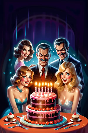 a cartoon anime poster of a Murder Birthday Party, high quality detail, thriller, mistery, evil fleer, perfect eyes, evil faces, creepy faces, perfect eyes, perfect hair, perfect detailed faces