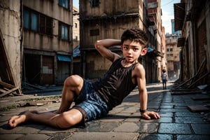 (((LITTLE KID))), SKINNY BODY, UNREAL ENGINE 5 RENDER, B&W RENDER, There is a 4-year-old boy, in the streets.  damaged brown tunic.  dirty.  on the floor, city , ruins., camina perdido asustado,, AS TOM HOLLAND, OPEN MOUTH, EATTING FOOD, 
VPL, blue jock_strap,Jock_harness, ,manhwa uke