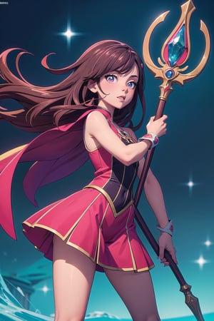 Create a vibrant, magical girl anime artwork where the protagonist embarks on an enchanting quest, wielding a staff and adorned in a shimmering costume. Highlight a blend of pastel and vibrant colors, showcasing a dynamic pose and expressive eyes.