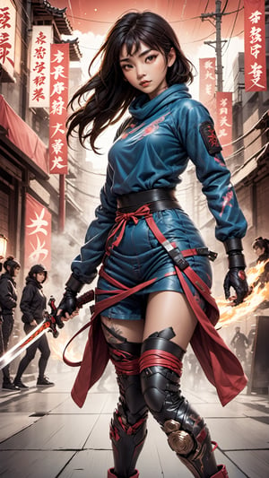 Create an art Poster, vintage anime/graphic novel styled illustration of a tech-wear, Filipina, Spanish, Japanese female cyborg ninja, wielding a plasma energized katana, striking pose, all limbs appear in frame, Japanese vibe, detailed design for streetwear and urban style Chinese ink wash painting, urban background,

