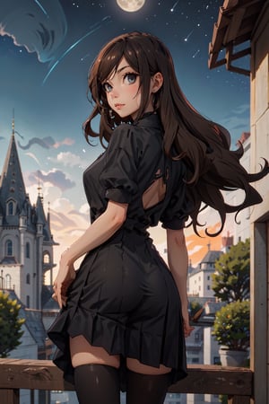 Create an ultra-detailed masterpiece illustration featuring a single girl standing on a balcony with beautiful, detailed eyes. The night sky should showcase a moon over a distant mountain with a castle, surrounded by a forest. The girl is bent over, looking back, with raised butt, wearing a long black dress and black stockings, the clothing elegantly cut out, her long black hair cascading down her back.

