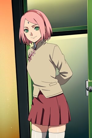 1girl, haruno sakura green eyes, ((school uniform, thighhighs)), cute, closed mouth, smile, arms behind back, standing, cowboy shot,haruno sakura