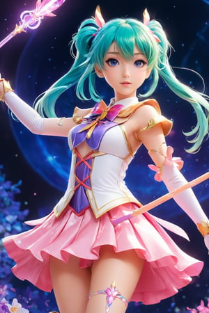Create a vibrant, magical girl anime artwork where the protagonist embarks on an enchanting quest, wielding a staff and adorned in a shimmering costume. Highlight a blend of pastel and vibrant colors, showcasing a dynamic pose and expressive eyes., 
,Movie Still,HellAI,cutegirlmix