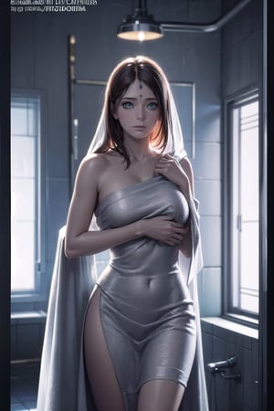 Create a high-resolution, hyper-detailed masterpiece in an official art style, portraying an Indian girl with a curvy figure wrapped in a towel, standing in a cinematic shower scene. The dynamic pose should highlight the exquisite details, particularly the intricate features of her face and hyper-detailed eyes. The lighting should emulate a moody, cinematic ambiance.