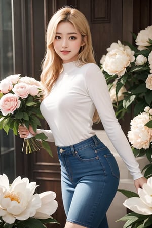 
A stunning photorealistic masterpiece of an Asian woman and man in a romantic setting, surrounded by lush red peonies and white flowers. The woman, with blonde hair and natural skin texture, wears a blue jeans skirts and thigh-high stockings, posing dynamically with a smile, against a dimly lit shaded background. Her eyes are finely detailed with a hint of blush, as she looks directly at the viewer. The man, with a slender build and perfect proportions, stands beside her, with a gentle gaze. The scene is captured in breathtaking 8K detail, with film grain and a shallow depth of field, showcasing the beauty of their natural skin texture and the intricate flower arrangement.