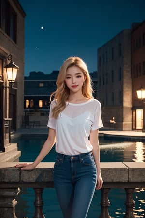
A stunning photorealistic masterpiece of an Asian woman and man in a romantic setting, surrounded by water in the  sea.The woman, with blonde hair and natural skin texture, wears a blue jeans skirts , posing dynamically with a smile, against a dimly lit shaded plaza background.((Night ambient, night  scene, cinematic photorealistic shooting,light and shadow. ))
Her eyes are finely detailed with a hint of blush, as she looks directly at the viewer. The man, with a slender build and perfect proportions, stands beside her, with a gentle gaze. The scene is captured in breathtaking 8K detail, with film grain and a shallow depth of field, showcasing the beauty of their natural skin texture and the intricate flower arrangement.