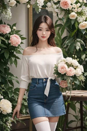 Here is the prompt:

A stunning photorealistic masterpiece of an Asian woman and man in a romantic setting, surrounded by lush red peonies and white flowers. The woman, with blonde hair and natural skin texture, wears a blue jeans skirts and thigh-high stockings, posing dynamically with a smile, against a dimly lit shaded background. Her eyes are finely detailed with a hint of blush, as she looks directly at the viewer. The man, with a slender build and perfect proportions, stands beside her, with a gentle gaze. The scene is captured in breathtaking 8K detail, with film grain and a shallow depth of field, showcasing the beauty of their natural skin texture and the intricate flower arrangement.