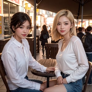 A stunning photorealistic masterpiece of an Asian woman and man in a romantic setting, surrounded by （beachside freshy sunlights )).The woman, with blonde hair and natural skin texture, wears long sleeve white OL shirt,and sexy jeans, posing dynamically with a smile, against a dimly lit shaded plaza background.((Night ambient, night  scene, cinematic photorealistic shooting,light and shadow.)),cloceup halfbody photography. sitting on chair, back view. looking at camera.
Her eyes are finely detailed with a hint of blush, as she looks directly leftside of the viewer. The scene is captured in breathtaking 8K detail, with film grain and a shallow depth of field, showcasing the beauty of their natural skin texture and the intricate flower arrangement.
