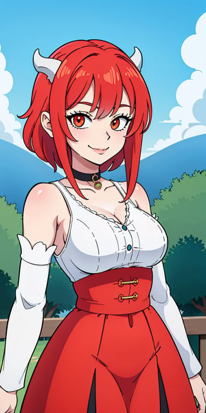 (masterpiece:1.3), (absurdres:1.3), (best quality:1.3), (ultra-detailed:1.3), upper body, looking at viewer, smile, outdoors, tania-fi, dragon horns, dragon tail,  bare shoulders, white shirt, detached sleeves, choker, dress, red skirt,