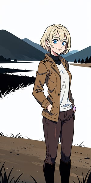 Freya, 21 years old, blonde girl, blue eyes, short hair, (short closed brown jacket), (long dark pants) black knee high boots, standing, hands behind her back, expression a smile, outside, field, landscape, high contrast