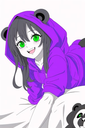 Little girl with long black hair, heterochromia (purple and green eyes). Panda pajamas with a hood, in your anime-themed playroom. Vivid colors and detailed image, best quality, masterpiece, happy and excited. on her bed and face down,clean line art