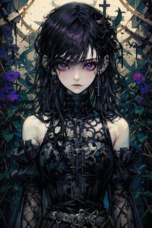 1girl, solo, long hair, looking at viewer, bangs, black hair, dress, bare shoulders, jewelry, closed mouth, purple eyes, upper body, earrings, detached sleeves, belt, makeup, piercing, cross, ear piercing, cross earrings, gothic,shaonv,nodf_lora