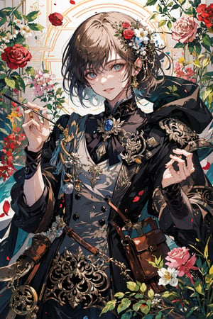 Official Art, Unity 8K Wallpaper, Extreme Detailed, Beautiful and Aesthetic, Masterpiece, Top Quality, perfect anatomy, MALE, (male:1.5) a beautiful male with a brown satchel filled with flowers, apothecary, wildflower, 1guy, solo, smile, long sleeves, holding, flower, rose, holding flower, blue rose, brown theme, a beautifully drawn (((ink illustration))) watercolor painting, concept art, (best illustration), (best shadow), Analog Color Theme, vivid colours, contrast, smooth, sharp focus, scenery, (Pencil_Sketch:1.2,masterpiece, midjourney, best quality, incredibly absurdres, messy lines,high detail eyes,More Detail,perfect light,portrait