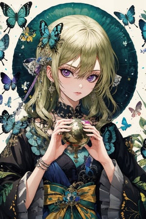 8k, (absurdres, highres, ultra detailed), a woman with long hair holding a crystal ball in her hands and surrounded by butterflies and butterflies around her, Anna Dittmann, anime art, a detailed painting, gothic art, animal, bee, beetle, bird, blue_butterfly, blue_dress, bug, butterfly, butterfly_hair_ornament, butterfly_on_hand, butterfly_print, butterfly_wings, crystal, dragonfly, dress, fairy, glowing_butterfly, hair_between_eyes, hair_ornament, kashiwazaki_sena, leaf, long_hair, long_sleeves, looking_at_animal, looking_at_viewer, origami, own_hands_together, paper_crane, solo, white_butterfly, yellow_butterfly