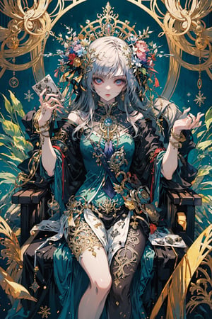 A majestic masterpiece of official art, capturing the essence of '1GIRL' with long wave hair that flows like a golden waterfall. Her features are as delicate as snowflakes, set against a detailed, isometric background reminiscent of Art Nouveau's ornate patterns. The scene is bathed in a warm, black-golden-purple light, evoking the mystical aura of tarot cards. In this stunning illustration, our subject sits poised, her gaze captivating and mysterious, as if conjuring forth secrets from the very fabric of the intricate design that surrounds her.