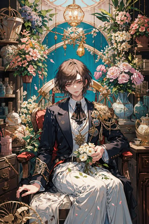 In a stunning analog watercolor painting, a breathtakingly beautiful male sits amidst a whimsical apothecary setting, his brown satchel overflowing with vibrant wildflowers. He wears long sleeves and holds a majestic blue rose, his smile radiating warmth as he gazes down at the bouquet. The artist's masterful brushstrokes bring forth intricate details, from the gentle curves of his face to the delicate petals of the flowers. Soft focus blurs the background, while sharp contrast highlights the subject's features, set against a warm brown theme that echoes the richness of the satchel.