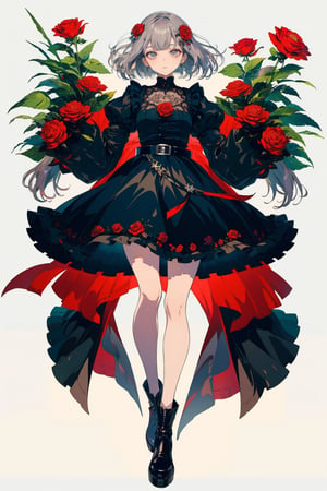 1girl, solo, looking at viewer, bangs, simple background, hair ornament, long sleeves, white background, dress, holding, closed mouth, standing, full body, flower, grey hair, boots, frills, puffy sleeves, belt, black footwear, black dress, grey eyes, petals, rose, frilled dress, red flower, red rose, bouquet, joints, grey dress, mechanical arms,portrait