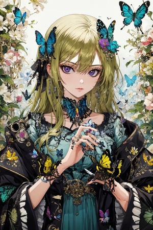 8k, (absurdres, highres, ultra detailed), a woman with long hair holding a crystal ball in her hands and surrounded by butterflies and butterflies around her, Anna Dittmann, anime art, a detailed painting, gothic art, animal, bee, beetle, bird, blue_butterfly, blue_dress, bug, butterfly, butterfly_hair_ornament, butterfly_on_hand, butterfly_print, butterfly_wings, crystal, dragonfly, dress, fairy, glowing_butterfly, hair_between_eyes, hair_ornament, kashiwazaki_sena, leaf, long_hair, long_sleeves, looking_at_animal, looking_at_viewer, origami, own_hands_together, paper_crane, solo, white_butterfly, yellow_butterfly