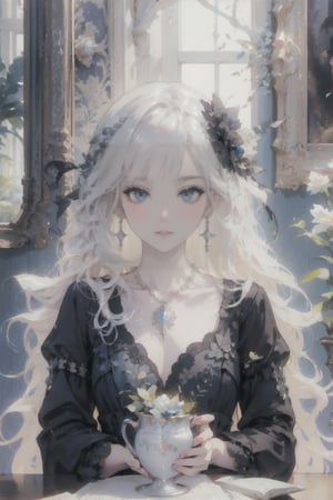 A young girl sits contemplatively in a dimly lit, ornate room with high ceilings and wooden paneling. The warm glow of a nearby candle casts a soft, golden light upon her porcelain skin. Her long white hair falls like a veil around her face, framing her bright blue eyes that sparkle with secrets. A delicate silver chain cinches the collarbone of her flowing white dress, adorned with black gloves and long sleeves. The camera captures her hands cradling a spoon, as if savoring a whispered secret.