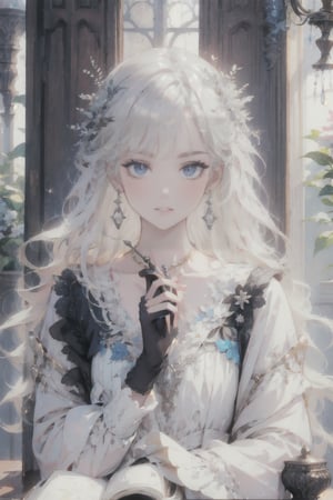 A young girl sits contemplatively in a dimly lit, ornate room with high ceilings and wooden paneling. The warm glow of a nearby candle casts a soft, golden light upon her porcelain skin. Her long white hair falls like a veil around her face, framing her bright blue eyes that sparkle with secrets. A delicate silver chain cinches the collarbone of her flowing white dress, adorned with black gloves and long sleeves. The camera captures her hands cradling a spoon, as if savoring a whispered secret.