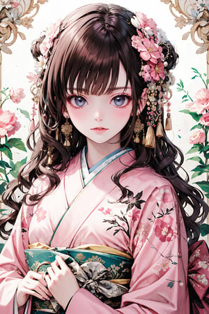 1girl, solo, long hair, looking at viewer, blush, bangs, blue eyes, brown hair, hair ornament, long sleeves, bow, closed mouth, upper body, flower, parted lips, japanese clothes, hair flower, kimono, grey eyes, book, eyelashes, wavy hair, floral print, tassel, pink flower, pink kimono,masterpiece