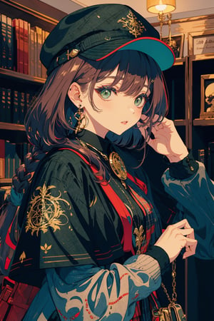 1girl, solo, long hair, looking at viewer, blush, bangs, brown hair, black hair, hat, dress, holding, jewelry, closed mouth, green eyes, upper body, braid, earrings, hand up, bag, blurry, lips, plaid, capelet, blurry background, red headwear, handbag, holding bag, plaid headwear, fractal art, tarot card style, color, black, golden, purple, ,isometric,portrait,illustration