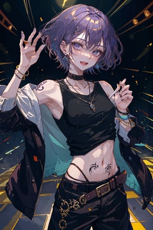 solo, looking at viewer, smile, short hair, open mouth, shirt, 1boy, navel, holding, jewelry, nipples, jacket, purple hair, male focus, cowboy shot, earrings, open clothes, teeth, tongue, belt, pants, necklace, off shoulder, collar, bracelet, black jacket, see-through, open shirt, tattoo, black pants, abs, pectorals, bare pectorals, stage, stage lights