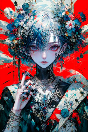 1girl, solo, looking at viewer, short hair, jewelry, blue hair, earrings, parted lips, hand up, necklace, nail polish, fingernails, black shirt, mask, piercing, ring, ear piercing, red background, smoke, blue nails, multicolored eyes, multiple rings